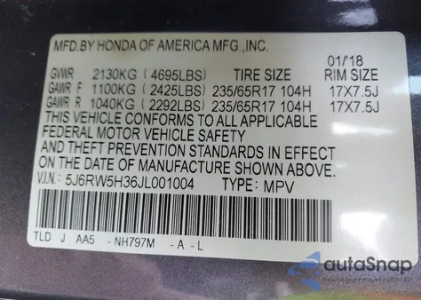 2018 Honda Cr-V Lx из США, поврежденный, VIN 5J6RW5H36JL001004